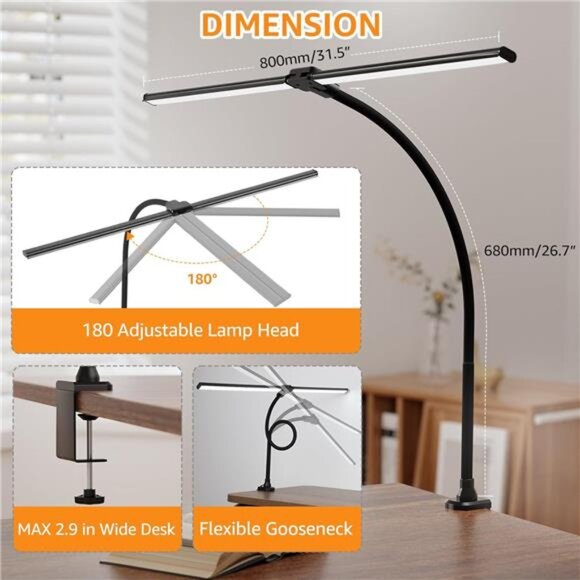 Led Desk Lamp for Office Home, Bright Double Head Desk Light with Clamp - Picture 6 of 7